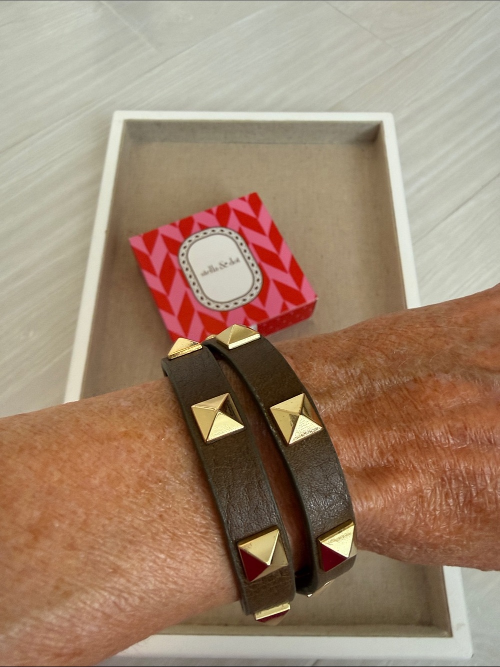 Stella & Dot Brown Double-Wrap Leather Bracelet with Gold Studs